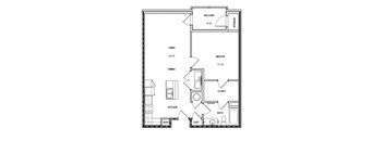 A floor plan of a small apartment with a living room, dining room, kitchen, bathroom, and bedrooms.