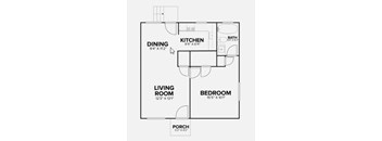 A floor plan of a house with a living room, dining room, kitchen, bedroom, bathroom and porch.