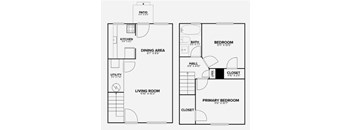 A floor plan of a two-story home with a living room, dining area, kitchen, and multiple bedrooms.