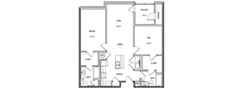 A floor plan of a house with a living area, two closets, a kitchen, a bathroom, a dining area, a bedroom, and a balcony.