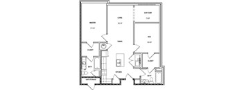 A floor plan of a house with a master bedroom, a sun room, a living room, a dining room, a kitchen, and two bathrooms.