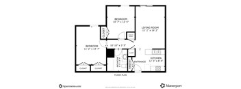 A floor plan for an apartment with two bedrooms, a living room, a kitchen, and a bathroom.