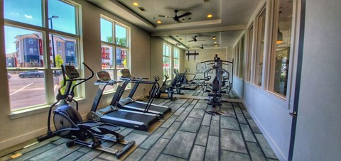 A gym with treadmills and exercise bikes.