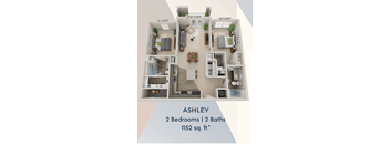 A floor plan of a two bedroom, two bathroom apartment that is 1152 square feet.