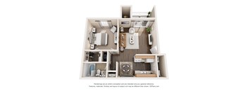 A 3D floor plan of a small apartment with a kitchen, living room, and bathroom.