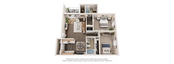 A 3D floor plan of a house with a kitchen, living room, and bathroom.