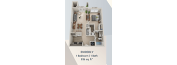 A diagram of an enderly apartment with 1 bedroom and 1 bath.