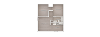 A floor plan of a house with a living room, kitchen, and two bedrooms.