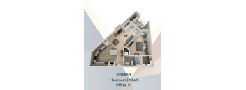 A floor plan of a one bedroom apartment with a bath.