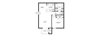 A floor plan of a house with an entry way, dining room, kitchen, living room, two closets, a bathroom, a hallway, a bedroom, and a storage room.