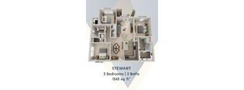 A 3 bedroom apartment with 2 bathrooms is 1343 square feet.