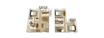 A floor plan of a two-bedroom apartment with a living room, kitchen, and bathroom.