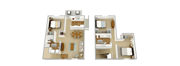 A floor plan of a two-story home with two bedrooms, two bathrooms, a living room, a kitchen, and a dining room.