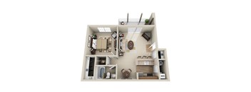 A 3D floor plan of a house showing a living room, kitchen, dining room, and bedrooms.