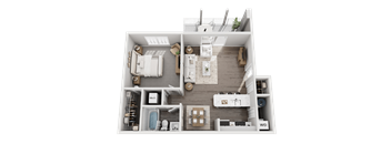 A 3D floor plan of a small apartment with a kitchen, living room, and bathroom.