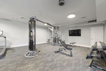 A gym with a variety of equipment including a squat rack, bench, and weights.