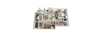 A 3D floor plan of a house with labeled rooms.