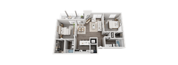 A detailed 3D floor plan of a modern apartment layout.