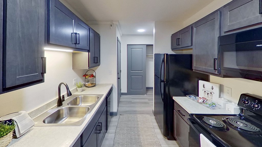 a kitchen with black appliances and a sink and a refrigerator
