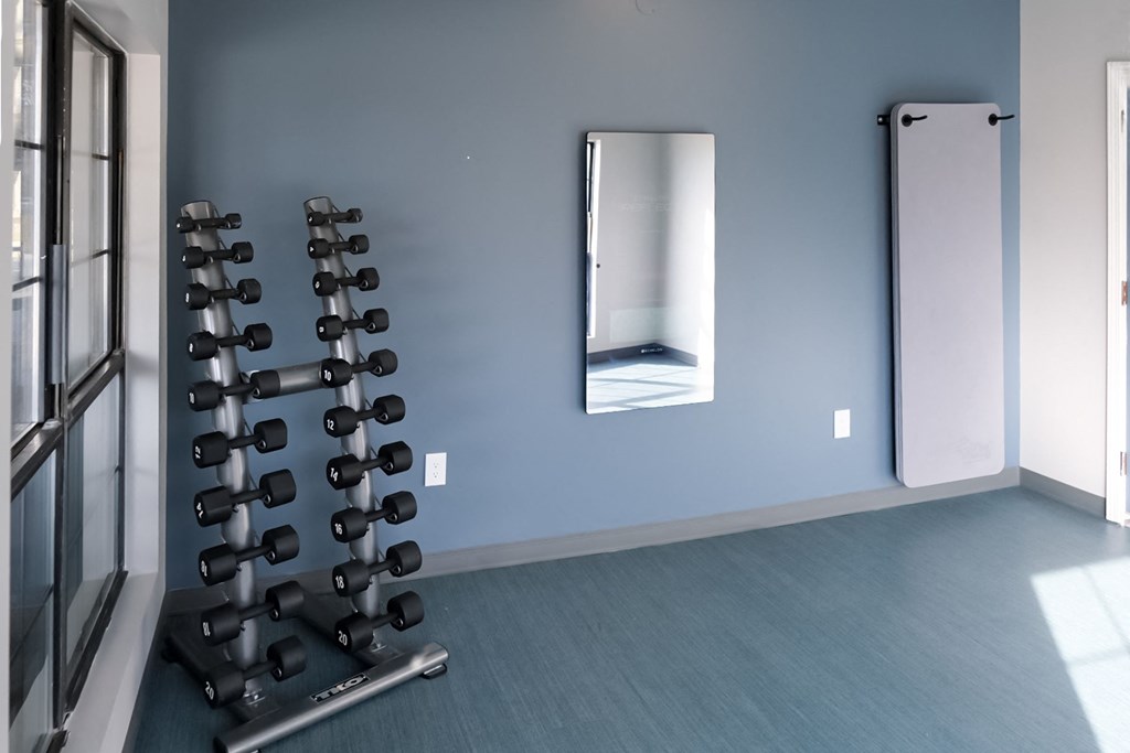 a home gym with weights and a mirror on the wall
