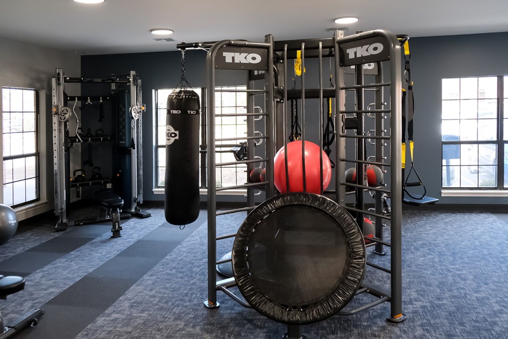 a gym with a punching bag and other equipment