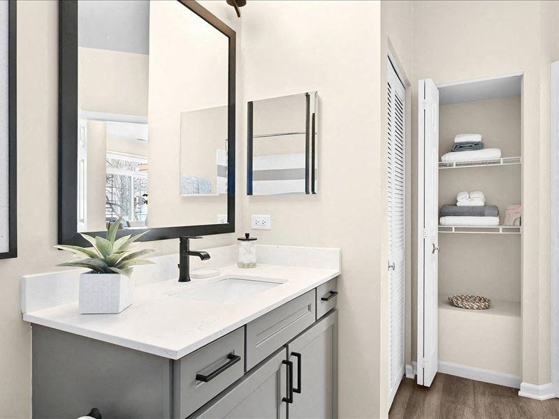 bathroom with modern gray cabinets and a standing shower at a Farmington Lakes home
