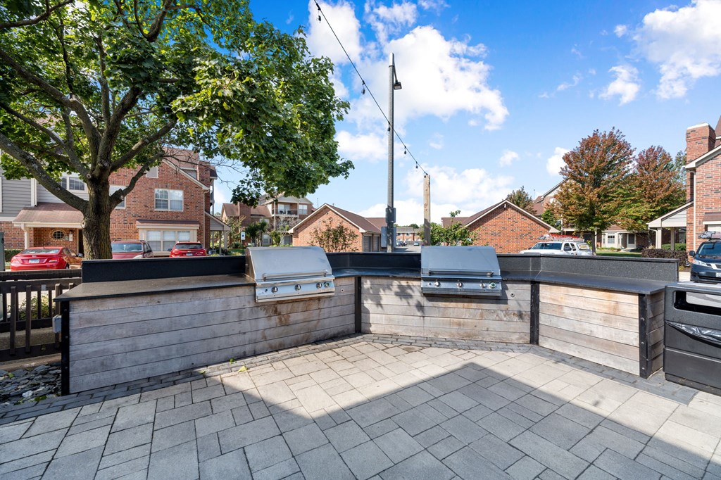 A backyard with a brick wall and a tree.