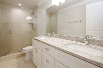 A bathroom with a marble countertop and a walk-in shower.