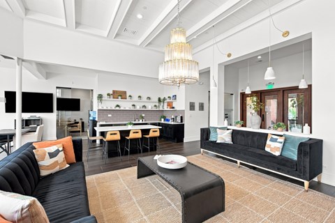 A living room with a black couch and a coffee table.