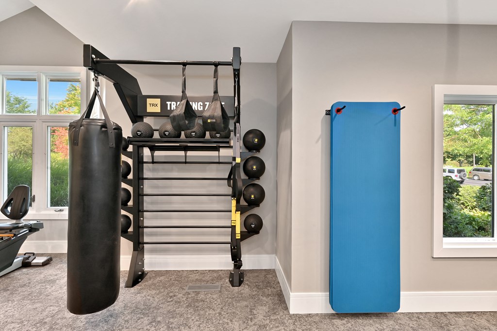 punching bag and a mounted yoga mat in a fitness center
