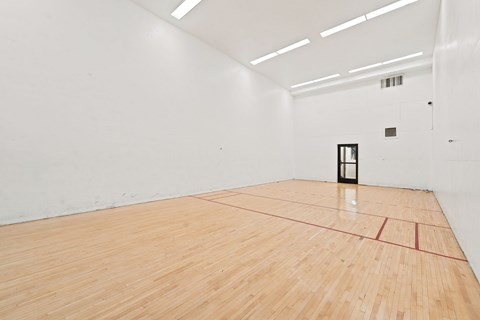 A squash court with a wooden floor and a door on the side.