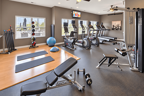 A gym with a variety of equipment including weights, exercise balls, and treadmills.