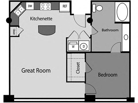 A04 one bedroom apartment floor plan in East End Houston, TX