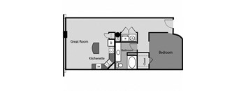 a floor plan of a room with a bathroom and a bedroom