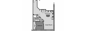 a floor plan of a studio apartment with a bedroom and a living room