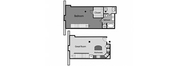 a floor plan of a house with a great room and a bedroom