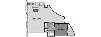 a floor plan of a studio apartment with a bedroom and a living room