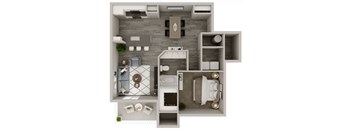 A top-down view of a small, modern apartment with a kitchen, living room, and bathroom.