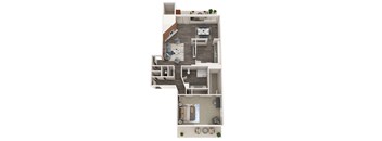 A floor plan of a house with a living room, kitchen, and two bedrooms.