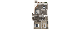 A top-down view of a house layout with a living room, kitchen, dining area, and two bedrooms.
