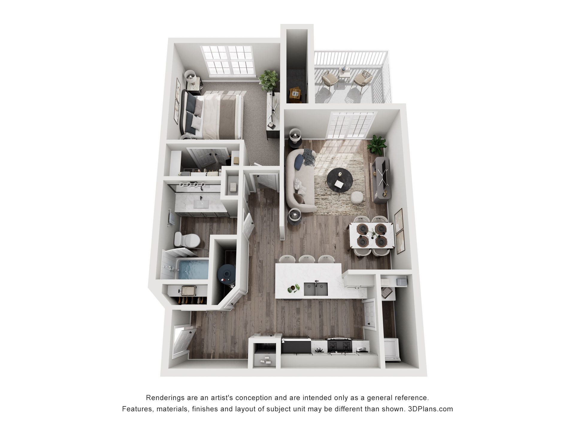 A 3D floor plan of a small apartment with a kitchen, living room, and bedroom.