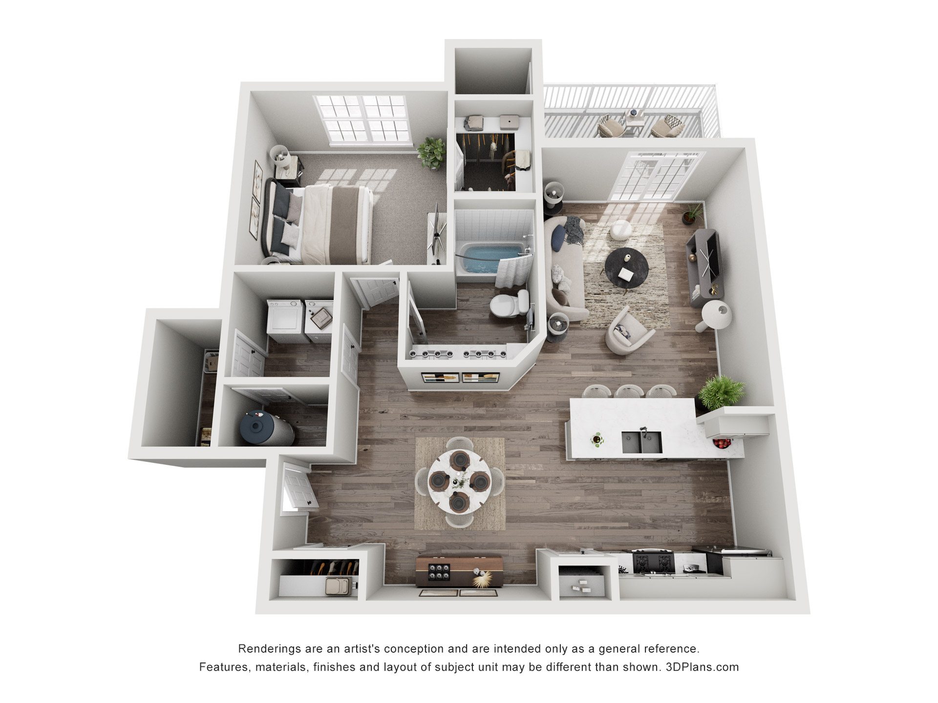 A 3D floor plan of a house with a kitchen, living room, and bedrooms.