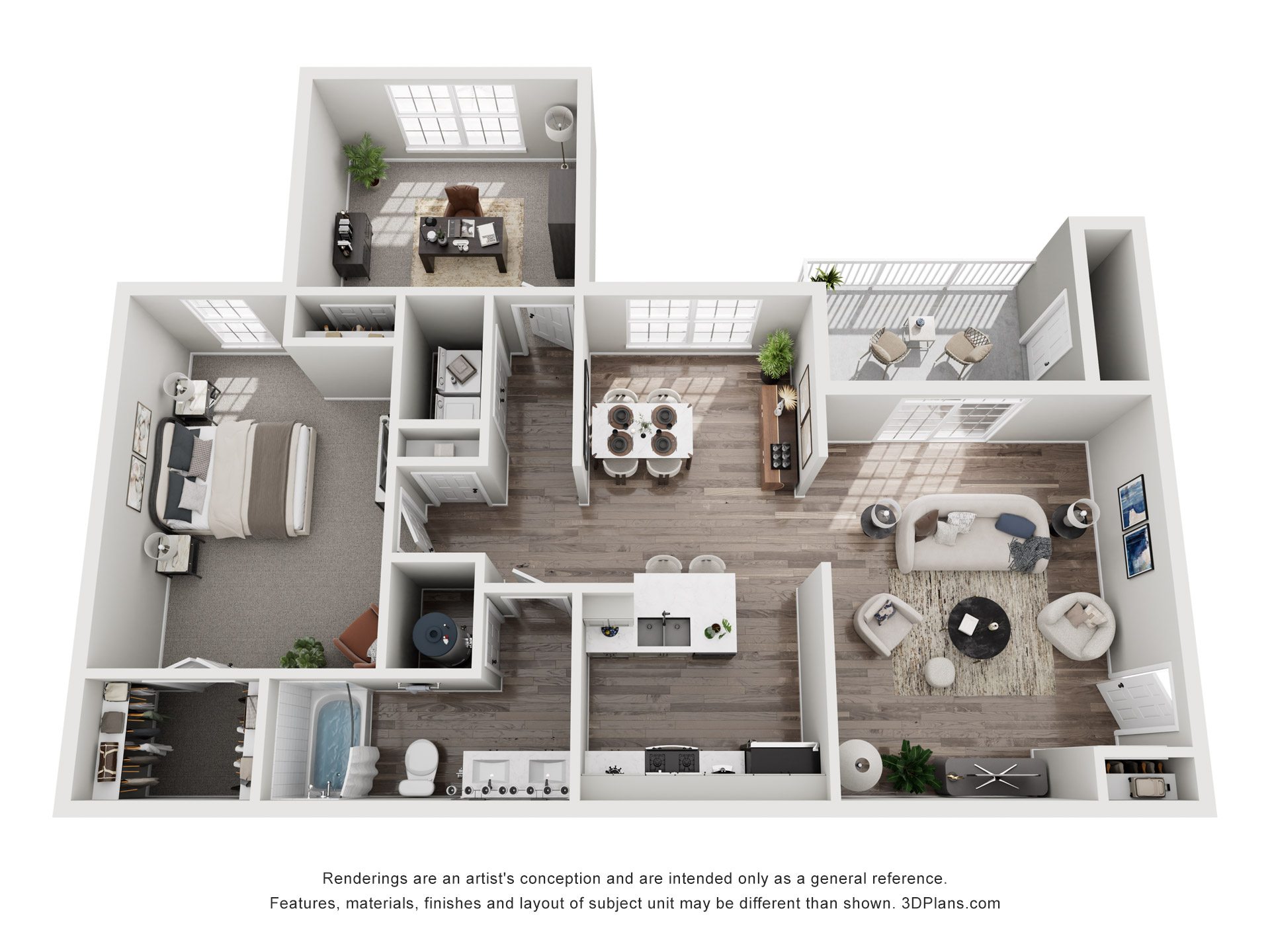 A 3D floor plan of a house with a kitchen, living room, and bathroom.