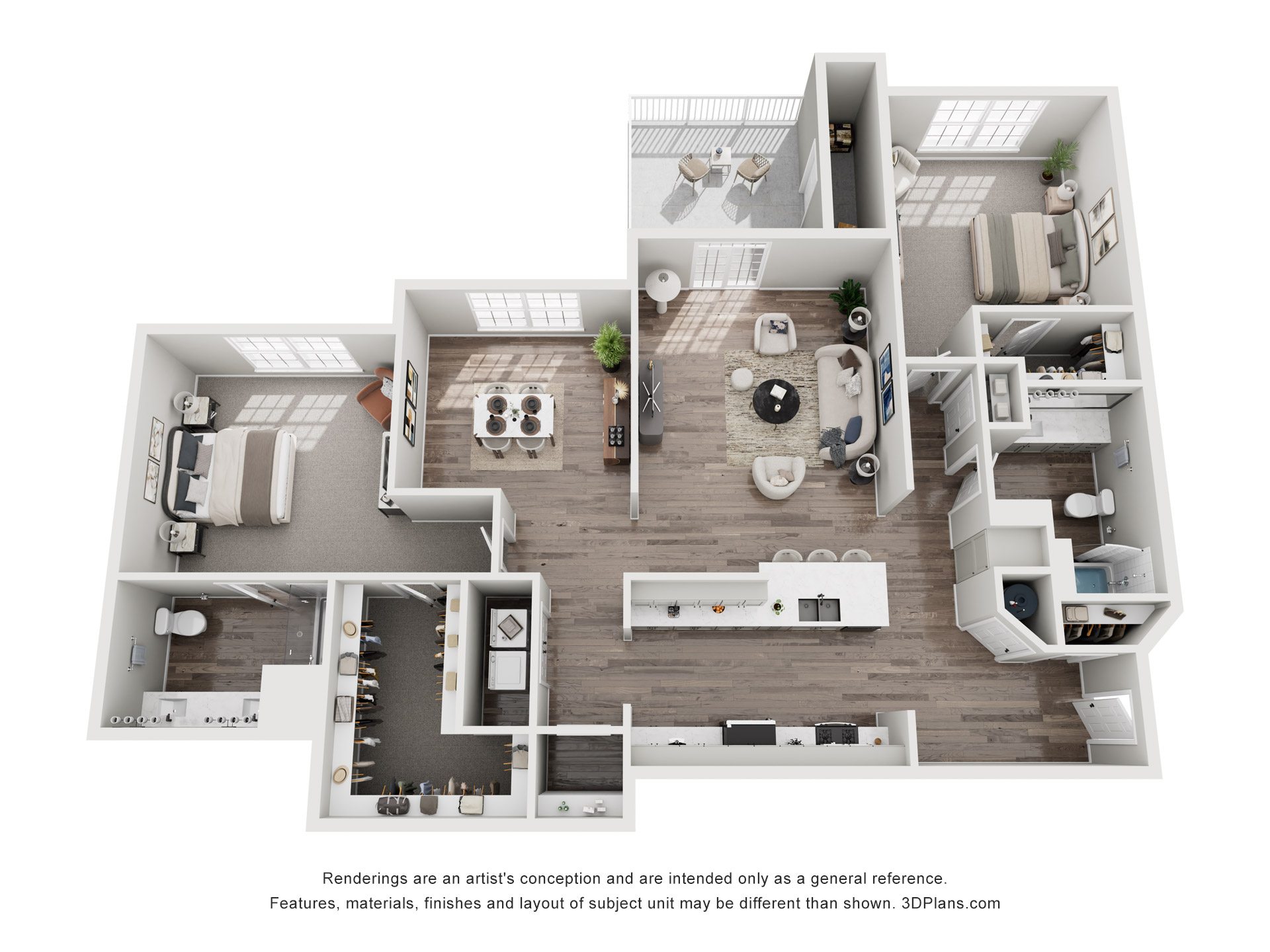 A 3D floor plan of a house with a kitchen, living room, and bedrooms.