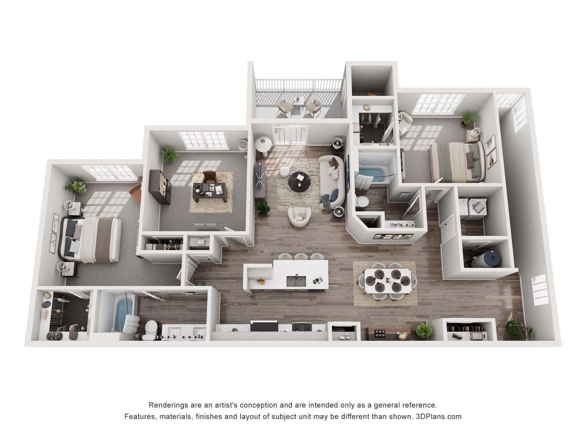 A 3D floor plan of a house with a kitchen, living room, and bathrooms.