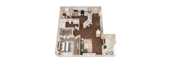 A top-down view of a living room with a couch, a coffee table, and a rug.