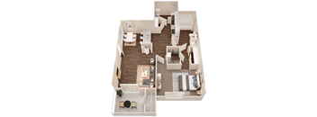 A top-down view of a house interior with a living room, dining area, kitchen, and bedrooms.