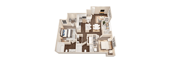 A top-down view of a modern, open-concept living space with a kitchen, dining area, and two seating areas.