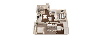 A top-down view of a house interior with a living room, dining area, kitchen, and bedrooms.
