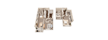 A top down view of a house layout with two rooms.